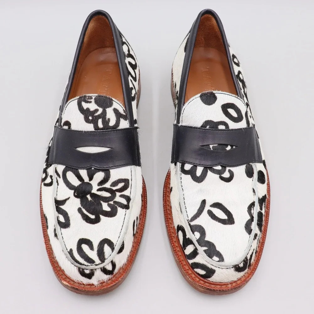Taft Mens The Fitz Slip-On Penny Loafer Floral Print Calf Hair Sz 42 Black White